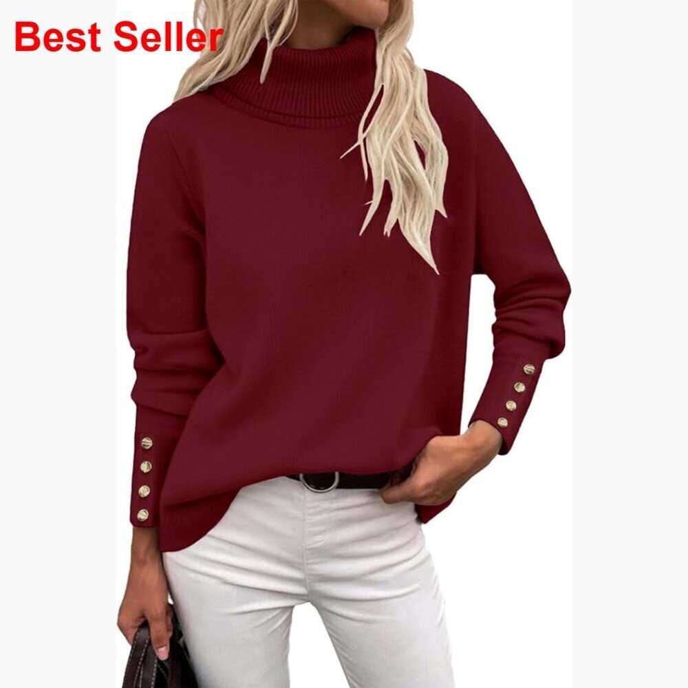 Turtleneck Pullover Sweater with Metal Buttons High Low Hem